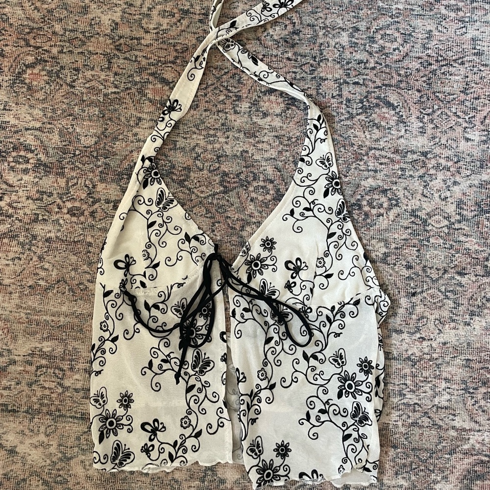 Floral Halter Top with Black and White Design